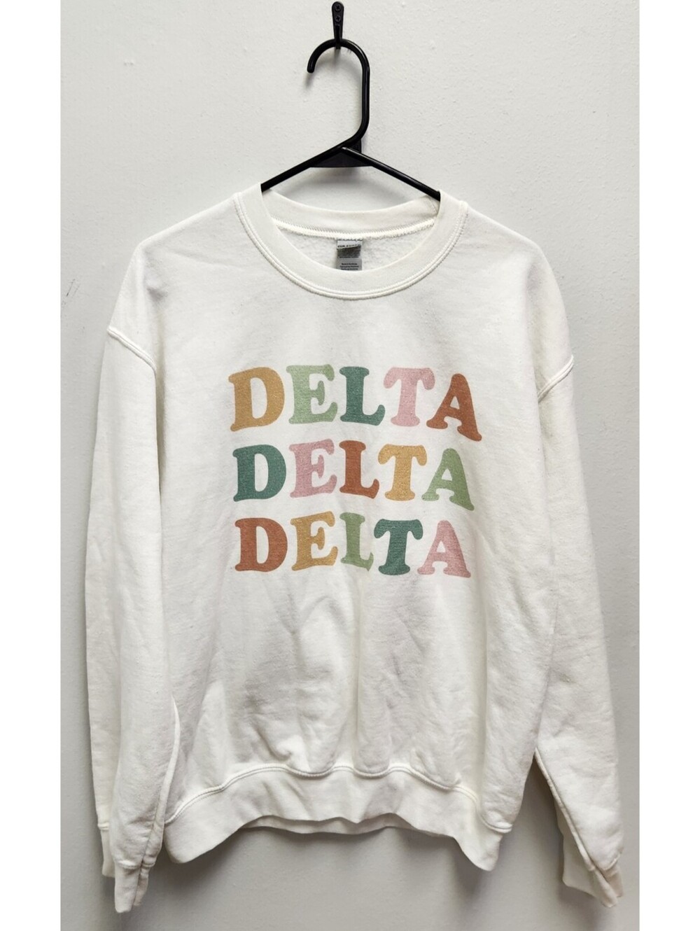Tri Delta Sorority Sweatshirt White Medium Gildan Heavy Blend Wavy Retro Graphic